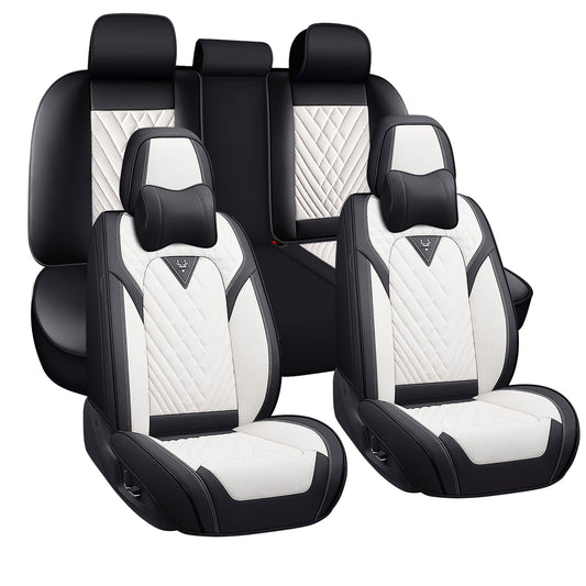 Leather Seat Covers Full Set with Pillow,5 Seats Universal Car Seat Protectors,Easy to Install Cover Set,Waterproof Car Seat Covers Car Seat Cushion Fit for Most Cars SUVs Trucks(5 Seats,Black-White)