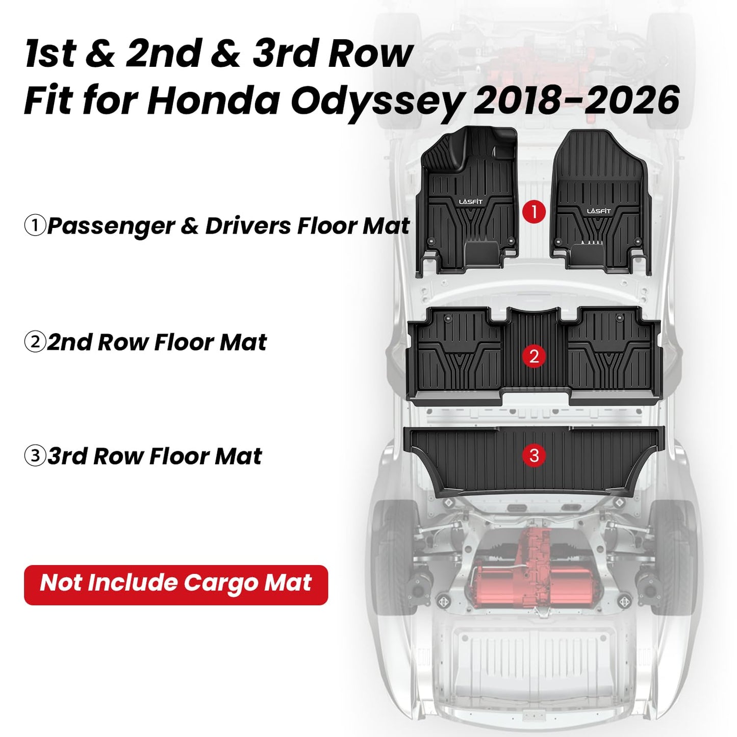 LASFIT Floor Mats for Honda Odyssey 2026 2025 2024 2023 2022 2021 2020 2019 2018 Mini Passenger Van, All Weather TPE Car Liners,1st & 2nd & 3rd Row Only (Excludes Trunk Mat), Black
