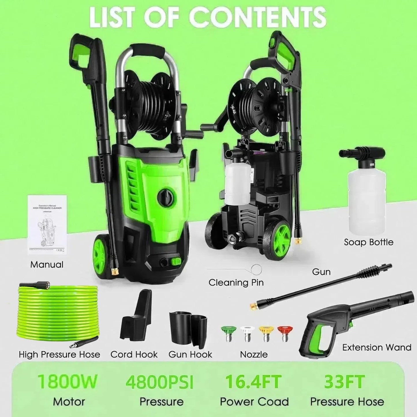 4800 PSI Pressure Cleaner- 4.0 GPM High Power Cleaner with 33FT Hose Reel, 4 Spray Tips and Soap Bottle for Car Washing, Fence Cleaning, Patio Maintenance（Upgraded） (Green)