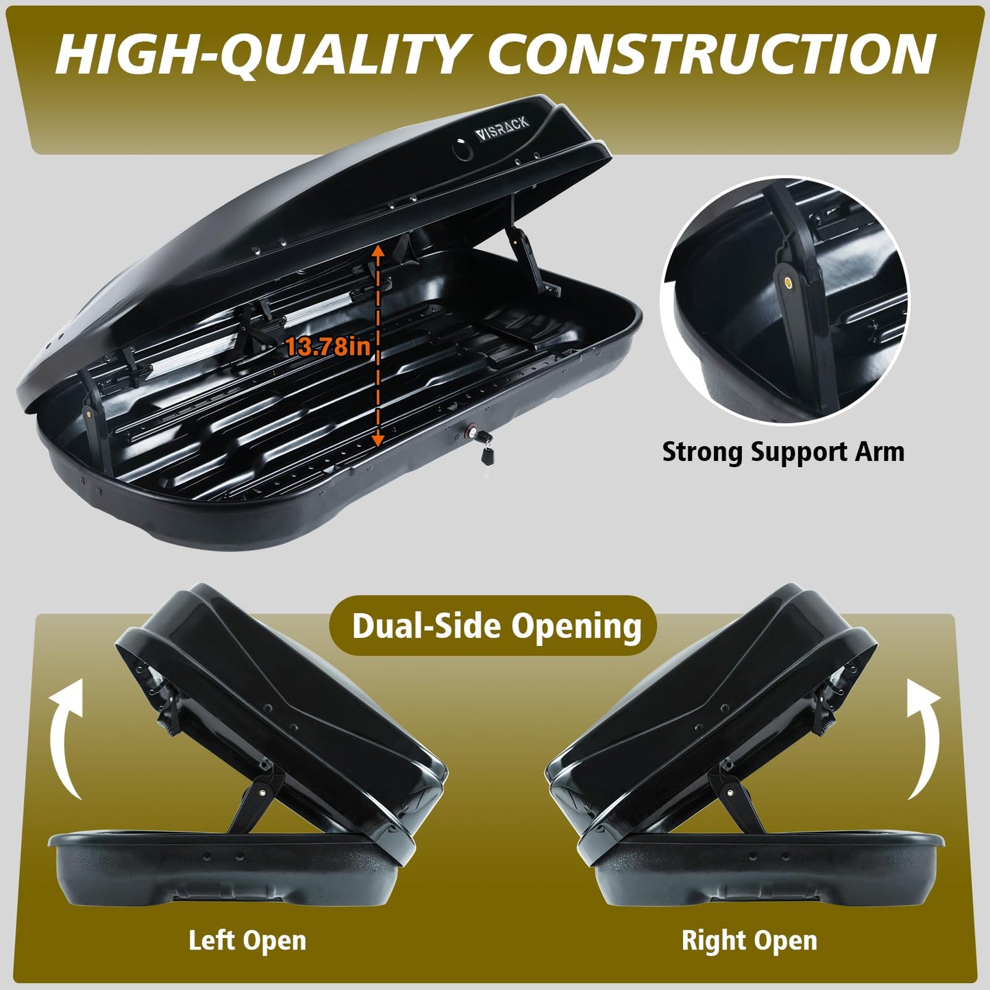 Hard Shell Roof Cargo Carrier, 13 Cubic Feet Black Roof Box with Security Keys, Durable ABS and PMMA Material, Tool-Free Installation, Double-Sided Opening, 56" L x 30" W x 13.7" H