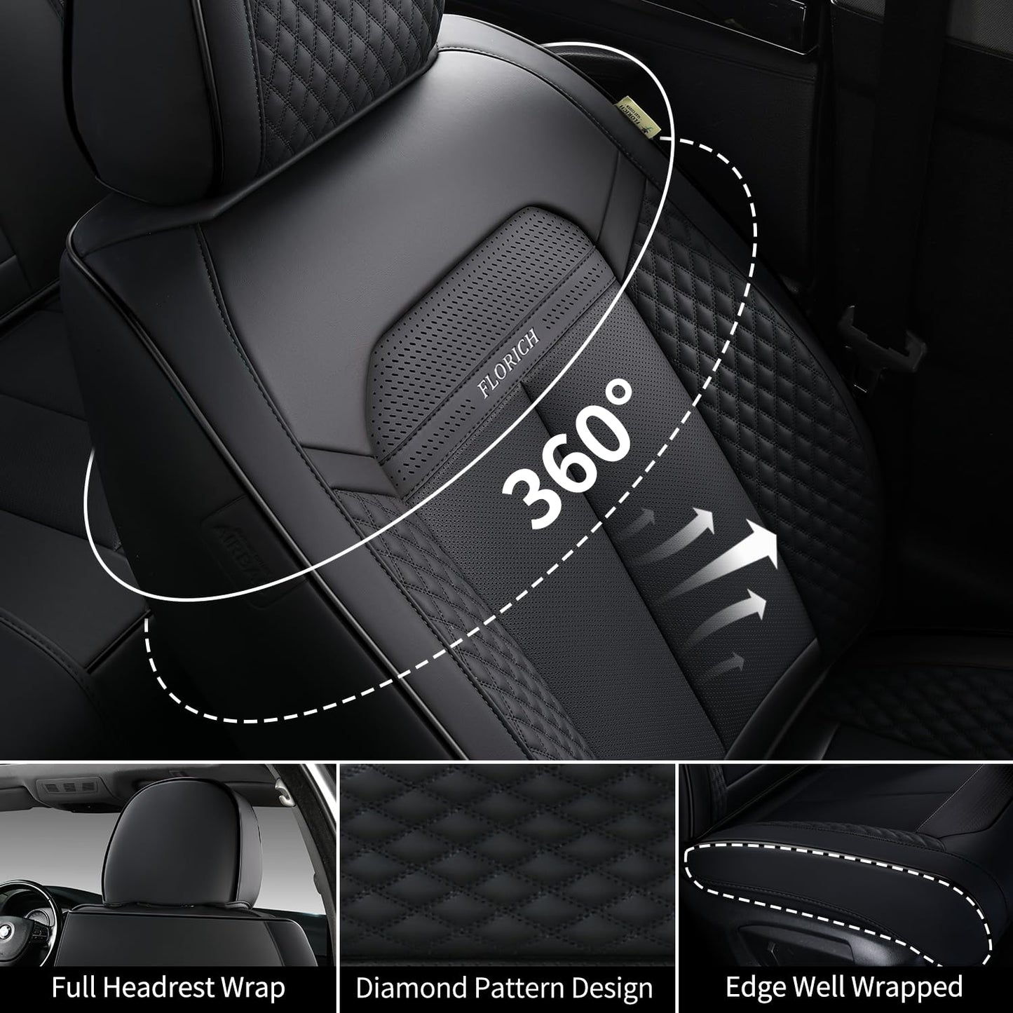 FLORICH 2pcs Car Seat Covers Front Set, Black Car Seat Cover, Breathable Premium Leather Seat Covers, Automotive Vehicle Seat Covers for Cars Trucks Vans SUVs Sedans (2 Packs, Black)