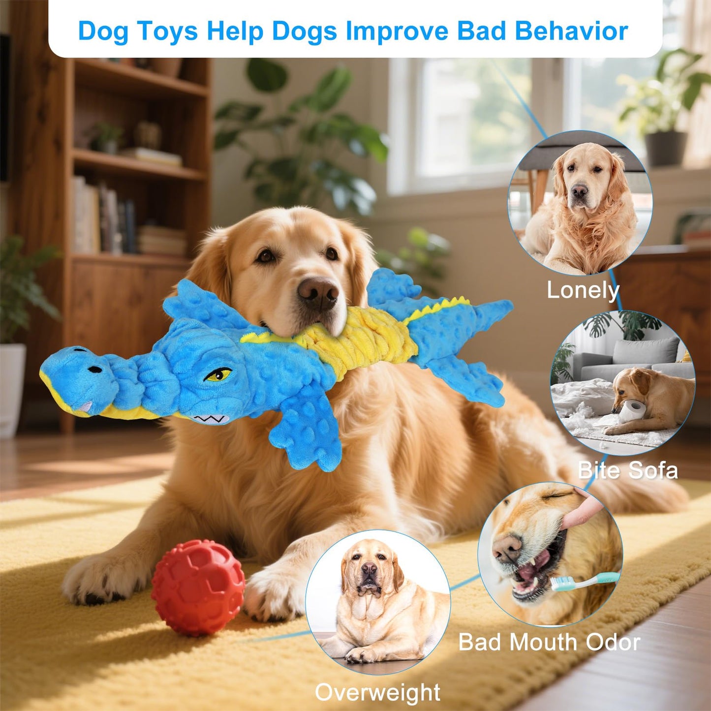 Homounter Dog Toys Cute Crocodile Squeaky Plush Pet Toy for Small to Large Breeds Interactive Chew Toy with Whistle & Crinkle Paper Tough Pet Toys for Aggressive Chewers and Puppies & Dog Lovers