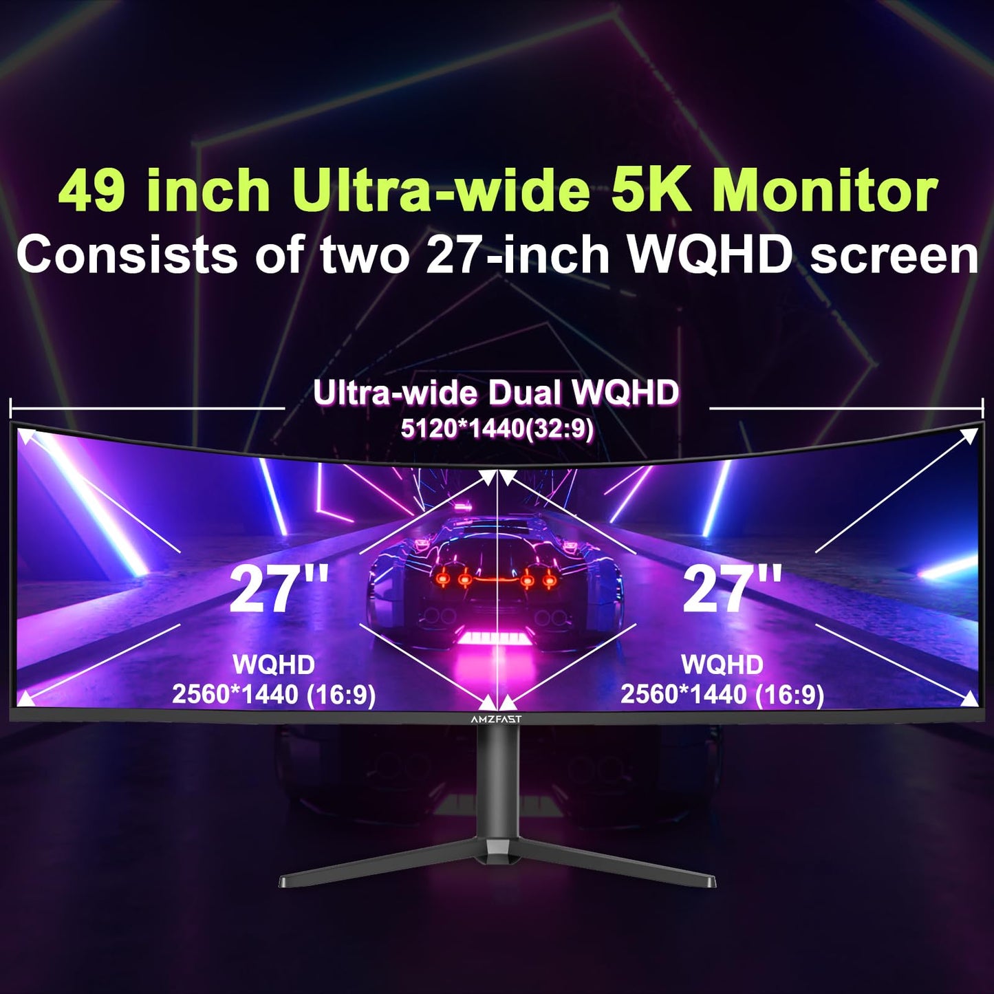 Amzfast 49 Inch Curved Monitor 120Hz DQHD 5120x1440p Ultrawide Gaming Monitor, 120% sRGB, 3000:1, 1ms, HDR, Adaptive Sync, PIP/PBP, Low Blue Light, HDMI 2.0/DP 1.4, VESA 75x75, AMZG49C7U