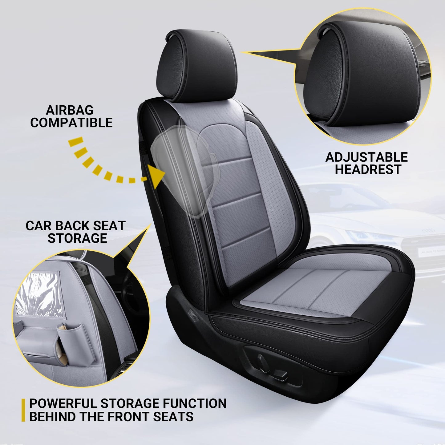 AOOG Leather Car Seat Covers with Car Backseat Organizer, Universal Automotive Vehicle Seat Cover for Most Sedan SUV Pick-up Truck, Full Set, Black&Grey