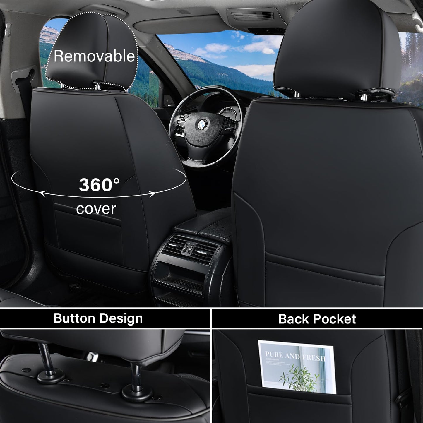 Coverado Front Car Seat Covers, Leather Seat Covers for Car, 2 in 1 Conversions Automotive Car Seat Cover Protector Universal Fit for Most Cars SUVs and Trucks(Black&Gray)