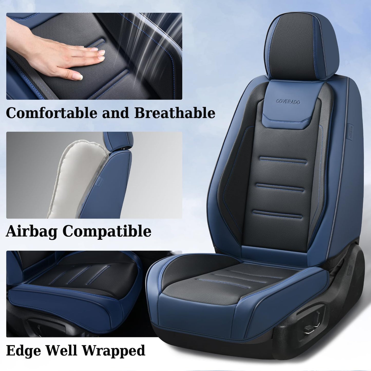 Coverado Car Seat Covers Full Set, Seat Covers for Cars, Waterproof, Leather Car Seat Cushion, Universal Car Interior Covers Seat Protectors for Most Cars Blue