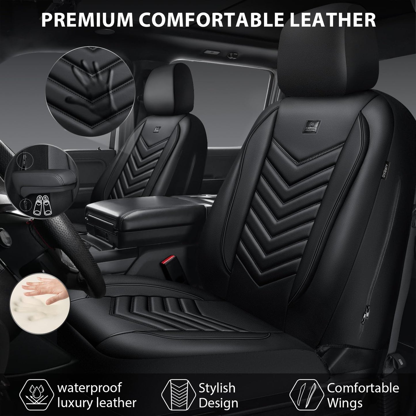 CAR PASS 3D Foam Faux Leather Car Seat Covers Front Seats,Waterproof Leather Front Seat Cover for Cars,Luxury Universal Fit Anti-Slip for SUV Truck Sedan Automotive,Armrest Airbag Compatible,Black