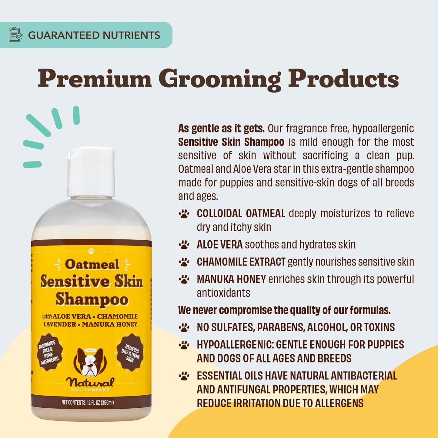 Natural Dog Company Oatmeal Dog Shampoo – Anti-Itch Shampoo for Dogs with Sensitive Skin, Aloe & Oatmeal Formula for Itchy Skin & Dandruff Relief, Safe for Puppies, 12 oz
