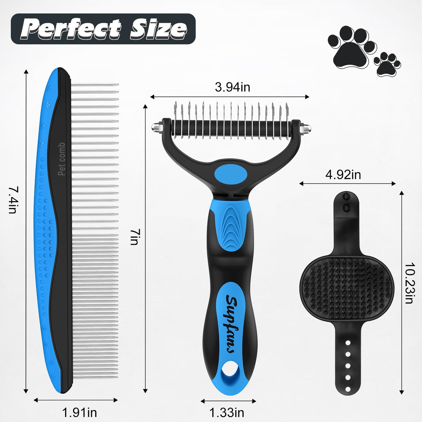UGNEL 3PCS Pet Grooming Rake & Metal Comb & Bath Brush for Dogs and Cats, Double-Sided Dematting Tool, Extra-Wide Deshedding Dog Brush for Long Hair to Effectively Remove Tangles, Knots and Mats