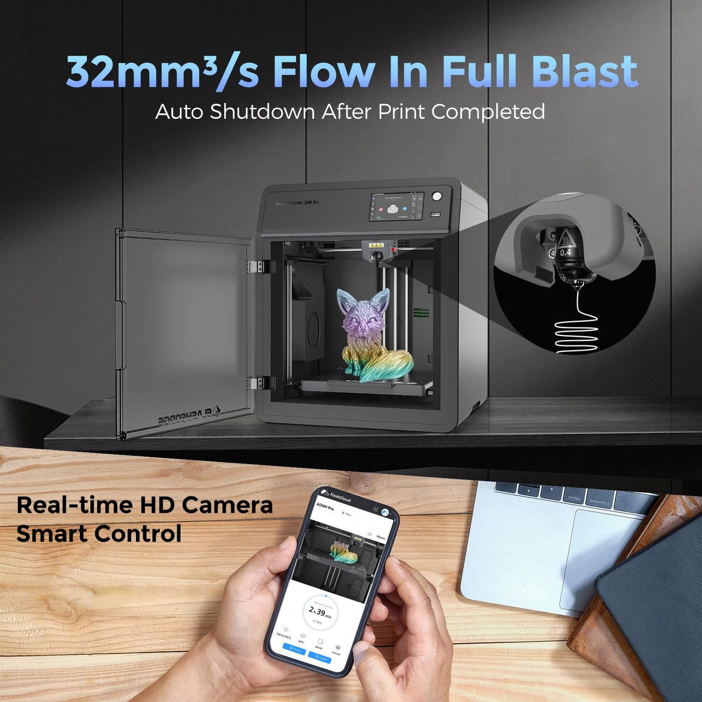 FLASHFORGE Adventurer 5M Pro 3D Printer, 600mm/s High-Speed, FDM 3D Printer Auto Leveling with 280°C Quick Detachable Nozzle, Core XY Structure, Dual Filtration System, Print Size 220x220x220mm