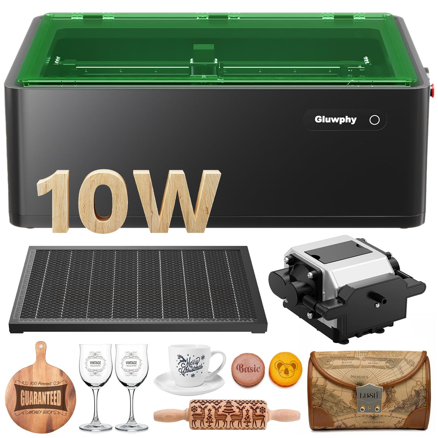Gluwphy Laser Engraver Machine 10000mW(10W) Enclosed Diode Laser Cutter for Beginner, Class 1 Safety Laser Engraving Machine for Wood, Metal, Acrylic, with Air Assist, Honeycomb, Air Filter, Black
