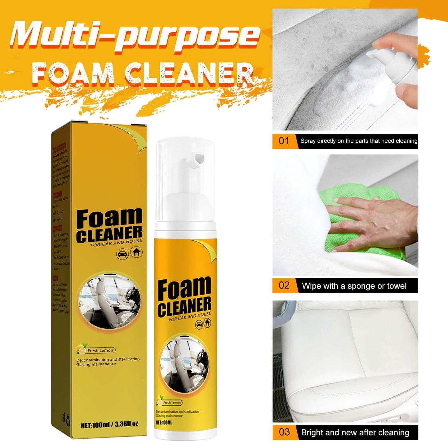 Foam Cleaner for Car,2 bottles Multifunctional Cars Interior Cleaner,Lemon-scented Magic Foaming Cleaner for Car Interiors,Kitchens,and Bathrooms(2 x 100ml)