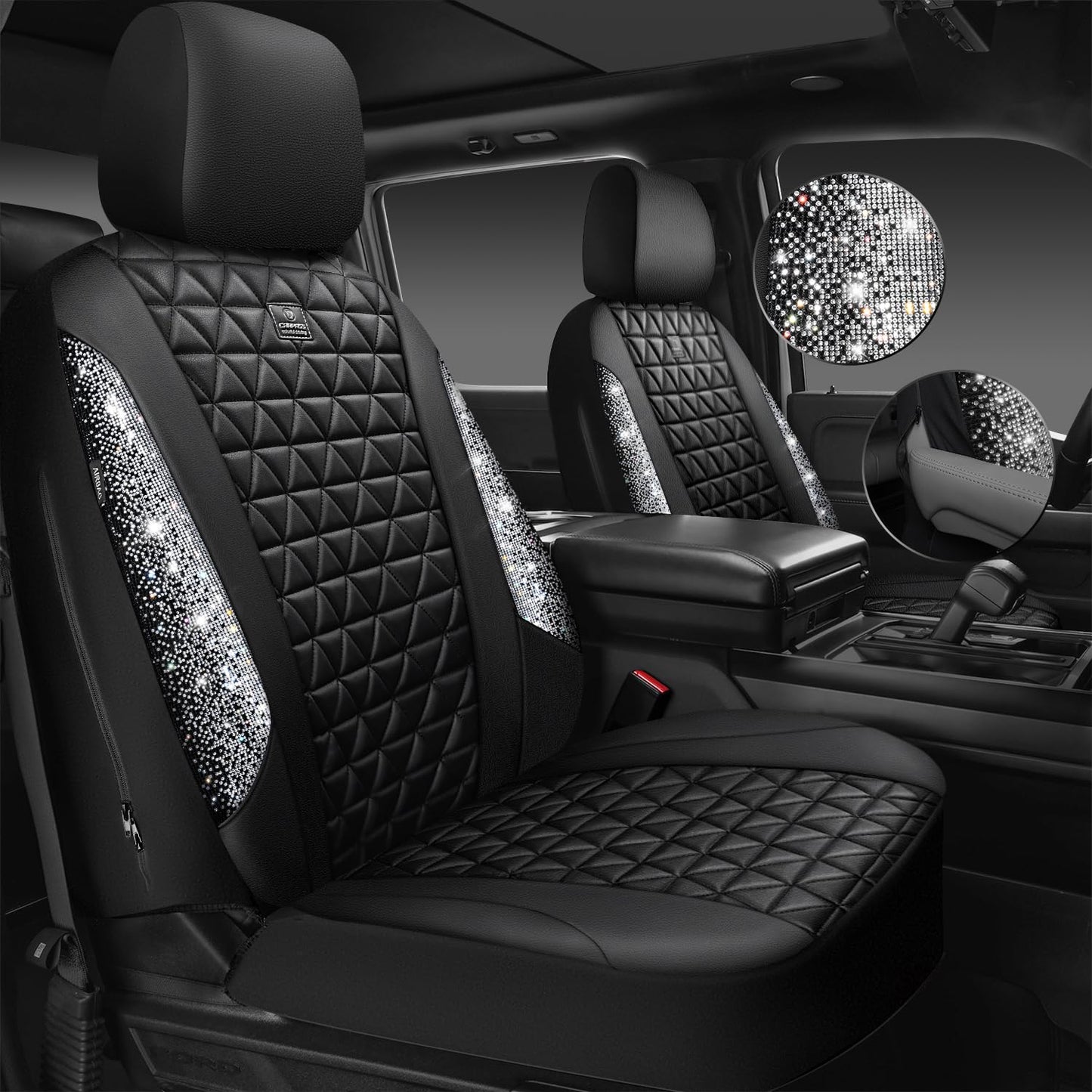 CAR PASS Bling Diamond Leather Car Seat Covers Full Seats Interior Sets, Waterproof Shining Glitter Sparkly Crystal Universal Armrest Fit Automotive Truck SUV Cute Women Girl, Black Silver Rhinestone