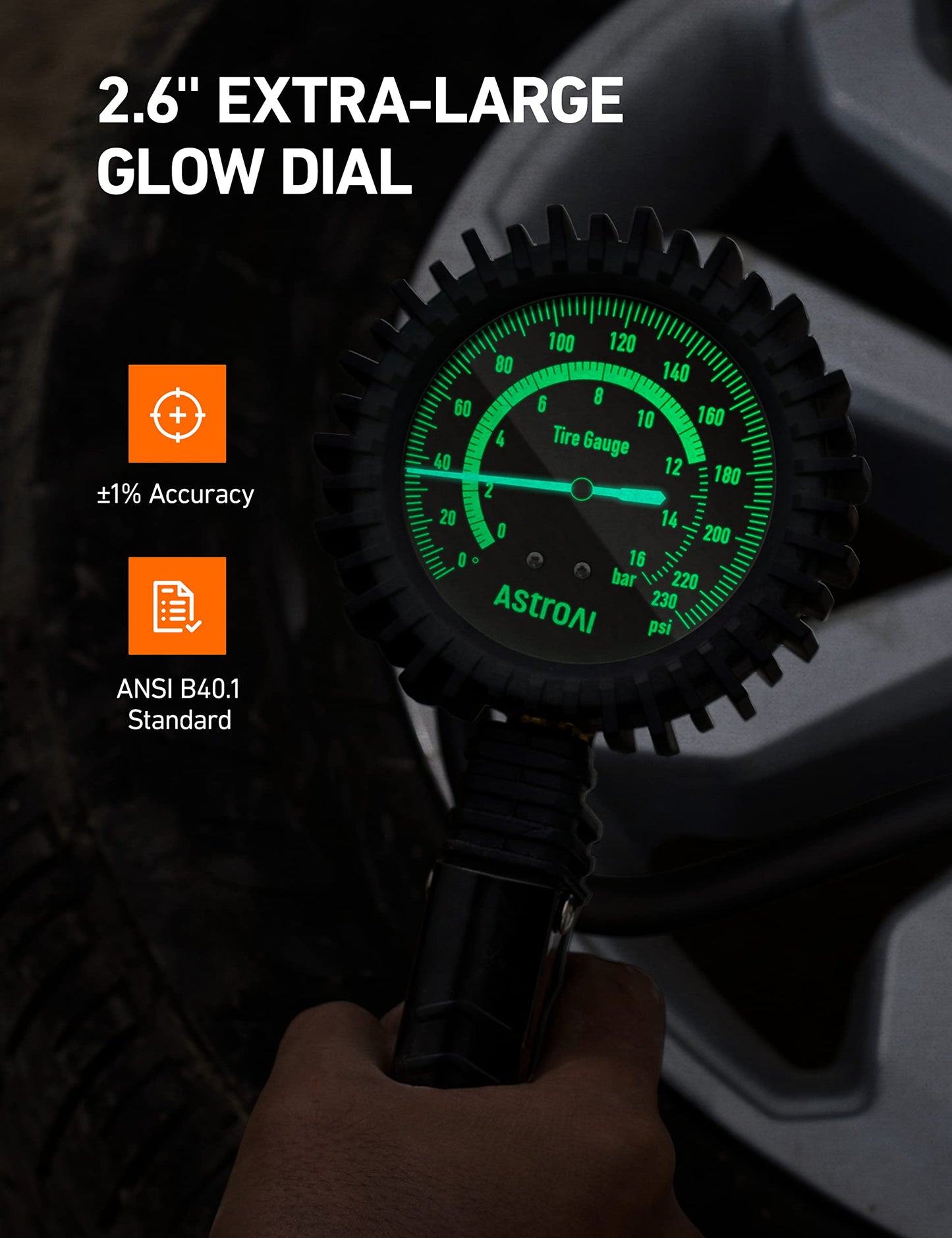 AstroAI 2025 Upgraded Tire Inflator with Pressure Gauge 230PSI - ANSI B40.1 Accurate, Large 2.6" Easy Read Glow Dial, Extra Long Rubber Hose with 360° Air Chuck, Compatible with Cars/Trucks/RV
