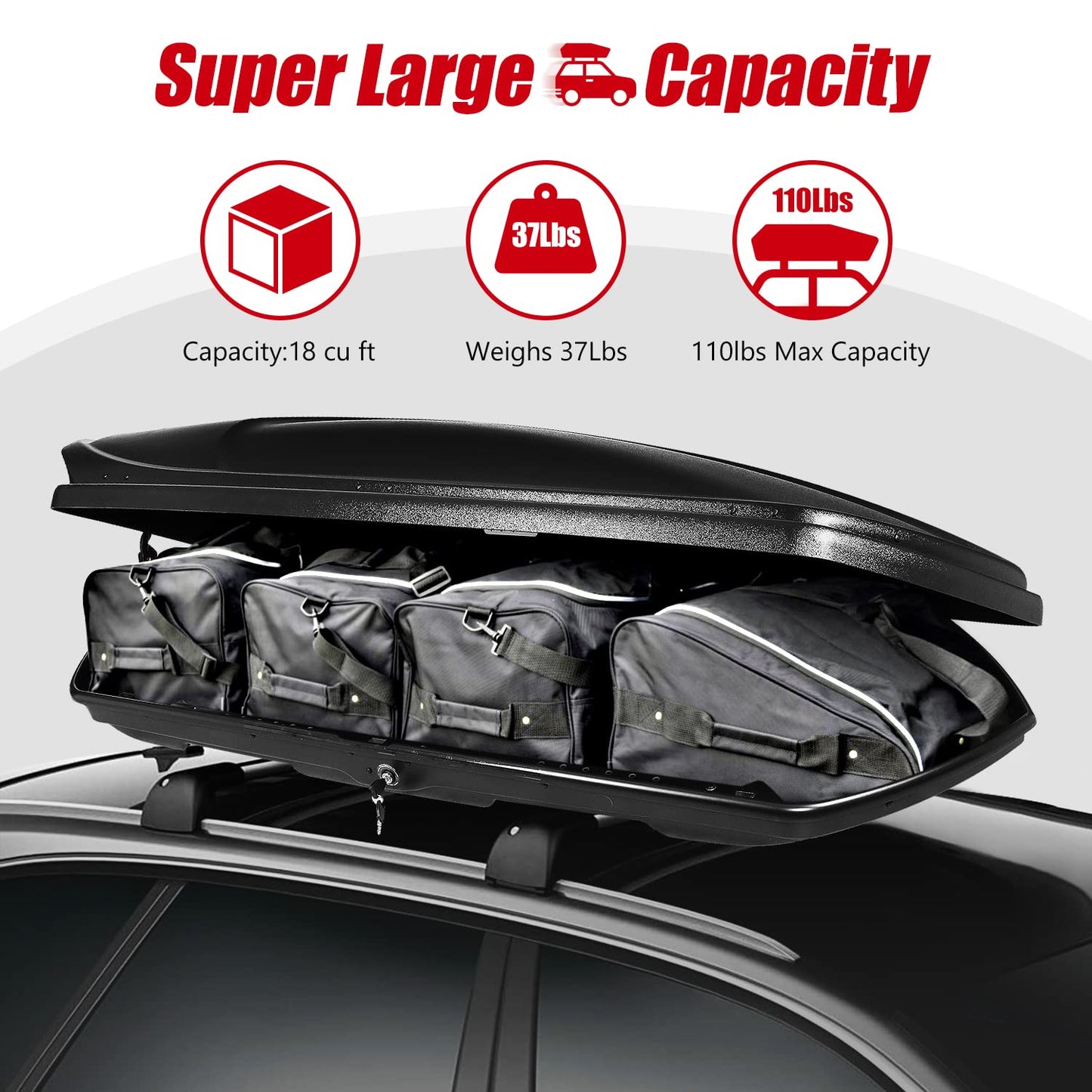 DNA MOTORING Extra Long XXL Rooftop Cargo Carrier Box Lockable Roof Luggage Storage Case w/Lock+Keys, 110Lb Capacity, 15 Cubic Ft.(Textured Black),PT-ZTL-8294-BK