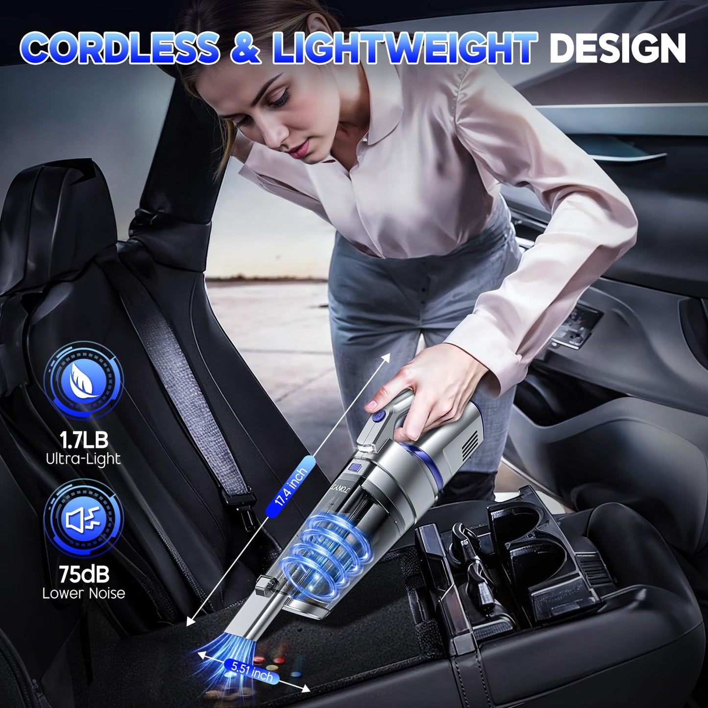 JONYJ Handheld Vacuum Cordless, 16000PA Strong Suction Hand Held Car Vacuum Cleaner, Portable Hand Vacuum Rechargeable with Multi-Nozzles & LED Light for Home, Car, Office, Pets