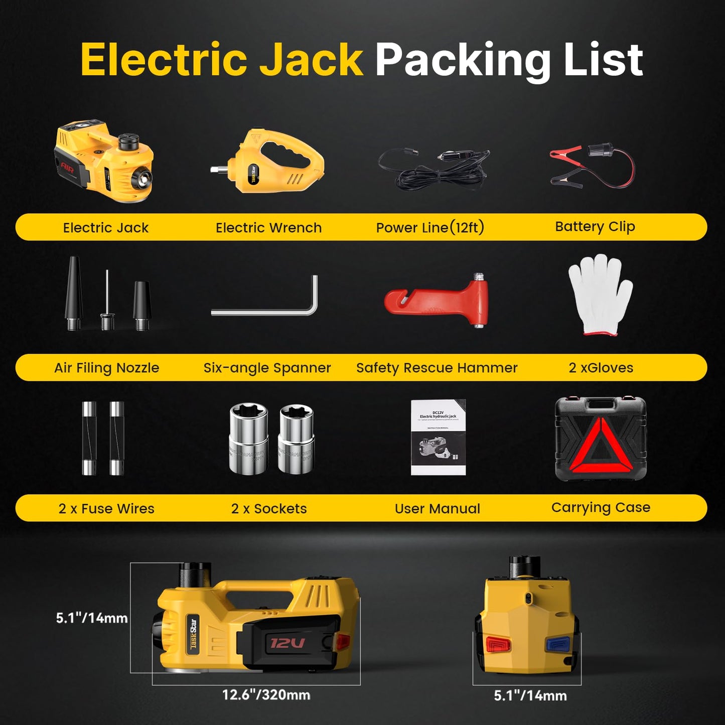TaskStar Electric Car Jack Kit, 5 Ton/11023 lbs 12V Hydraulic Car Jack Lift with Electric Impact Wrench and Tire Inflator Pump, Portable Auto Kit for SUV MPV Sedan Truck Change Tires Garage Repair