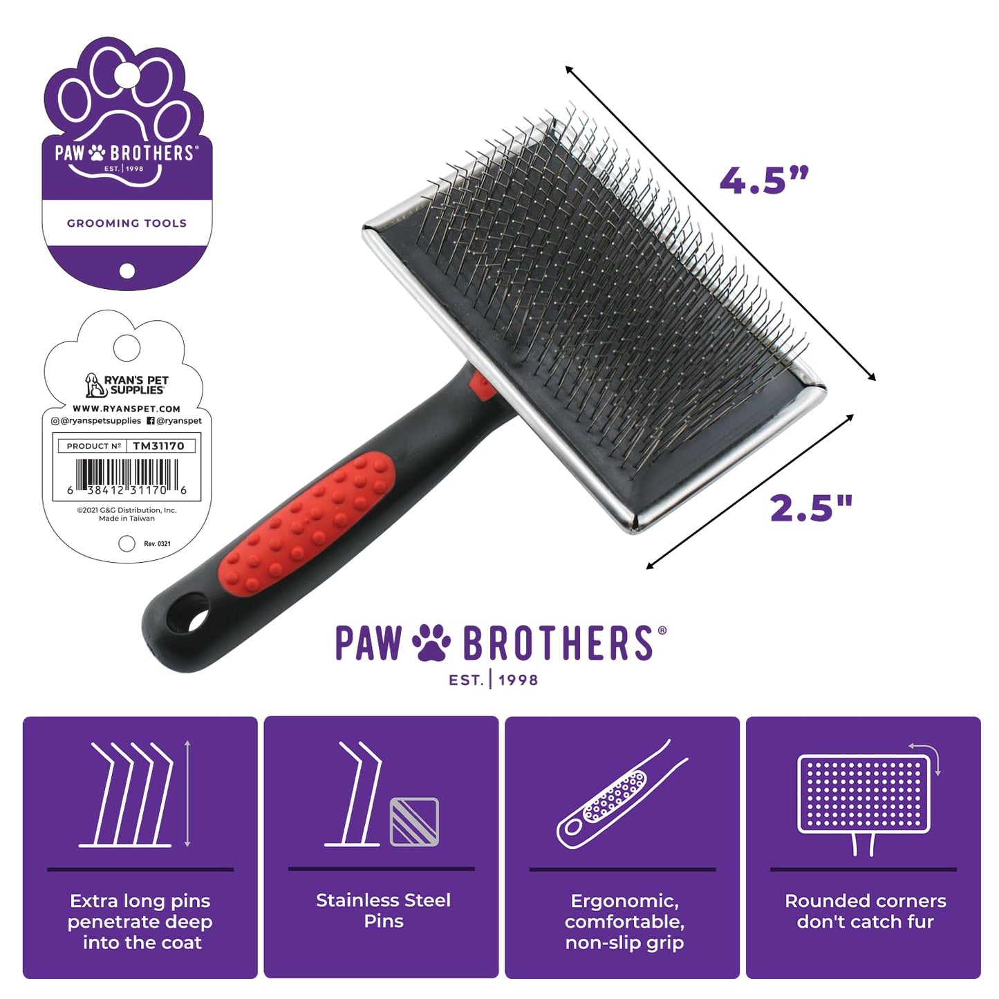 Paw Brothers Professional Grade Extra Long Slicker Brush - Ergonomic Handle, Removes Loose Undercoat and Tangles for Dogs