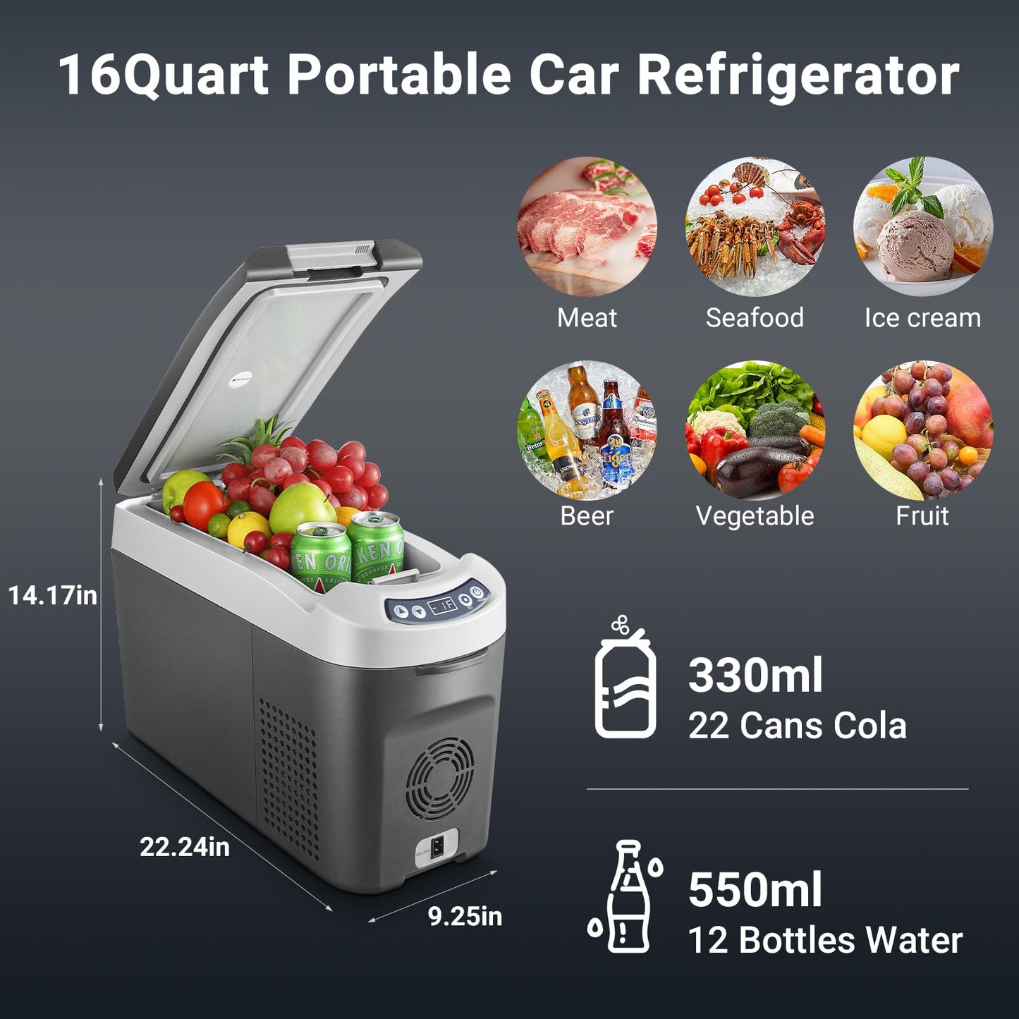 BODEGACOOLER 12 Volt Car Refrigerator, 16 Quart (15L) Small Car Fridge, Portable Freezer(-4℉~68℉), Car Cooler with 12/24V DC for Outdoor, Vehicles, Camping, Travel