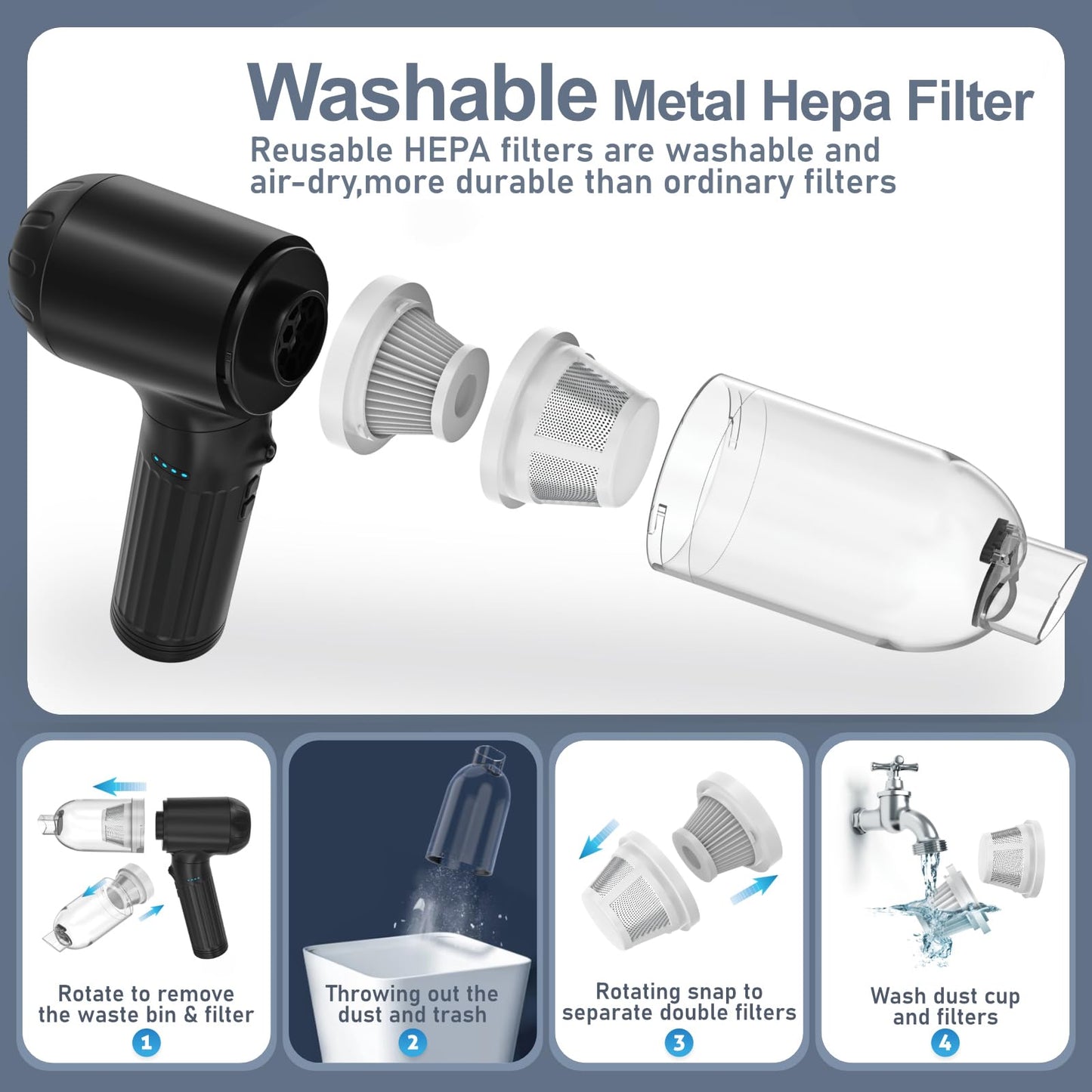 OGMAPLE Car Vacuum Cleaner High Power Handheld Vacuum 150W 17000Pa 4-in-1 Mini Vacuum Cleaner Cordless and Air Duster with 180° Adjustable Handle Led Light Portable Vacuum for Car, Home, Deep Black