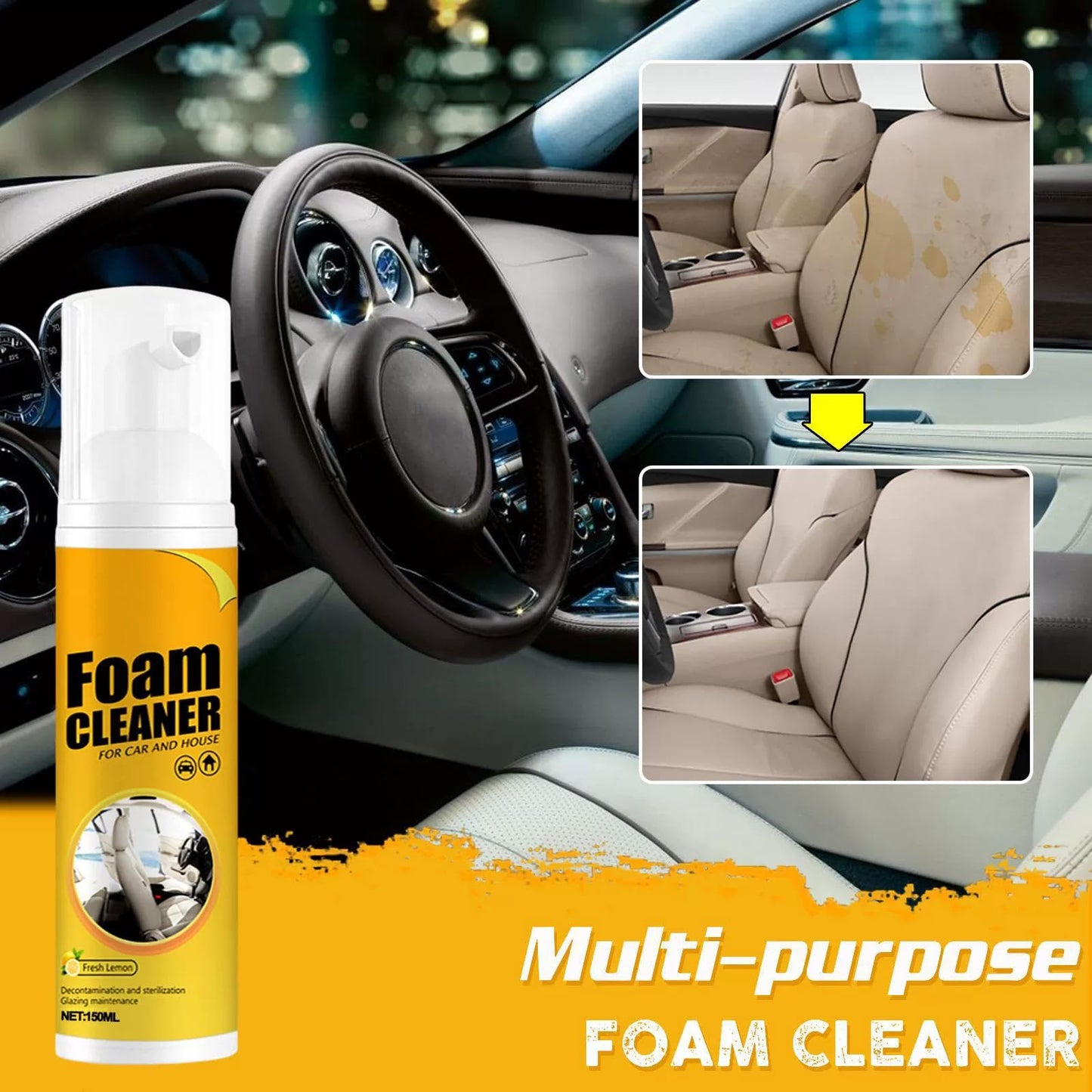 Foam Cleaner for Car,2 bottles Multifunctional Cars Interior Cleaner,Lemon-scented Magic Foaming Cleaner for Car Interiors,Kitchens,and Bathrooms(2 x 100ml)