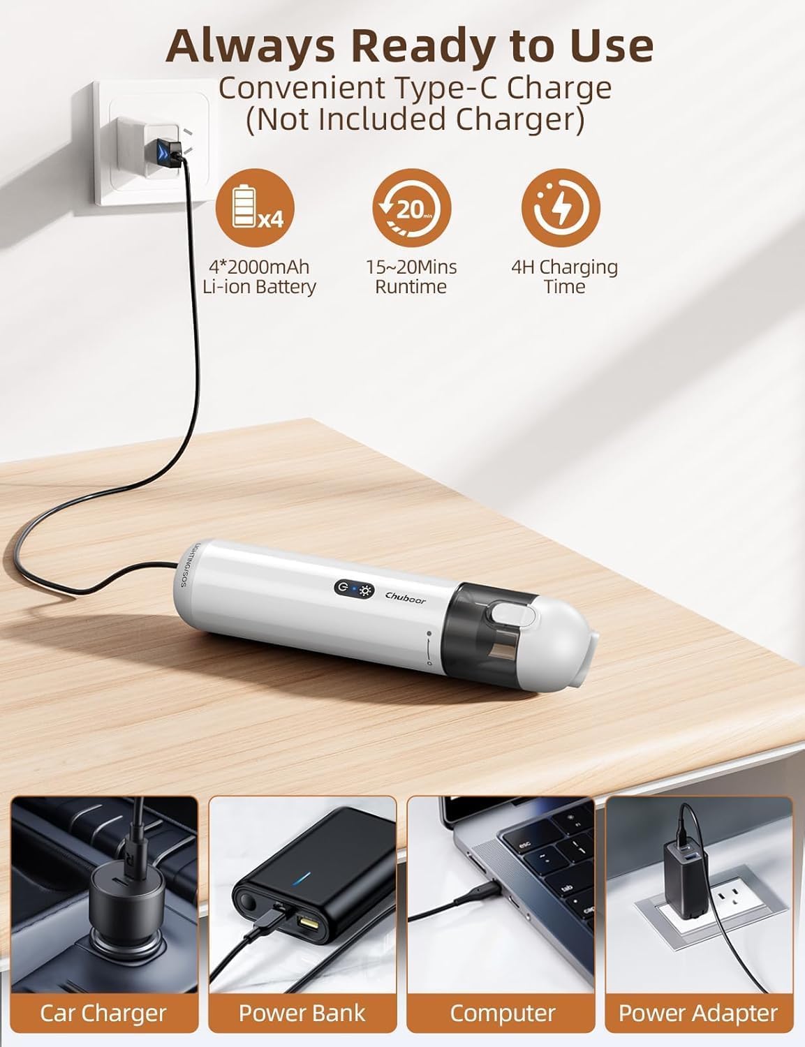 Chuboor Handheld Car Vacuum Cleaner, 14,000Pa Cordless Vacuum Cordless Rechargeable, 120 WPowerful Mini Hand Vacuum with Multifunctional Nozzle for Car, Home, Office, Pet Hair (White)