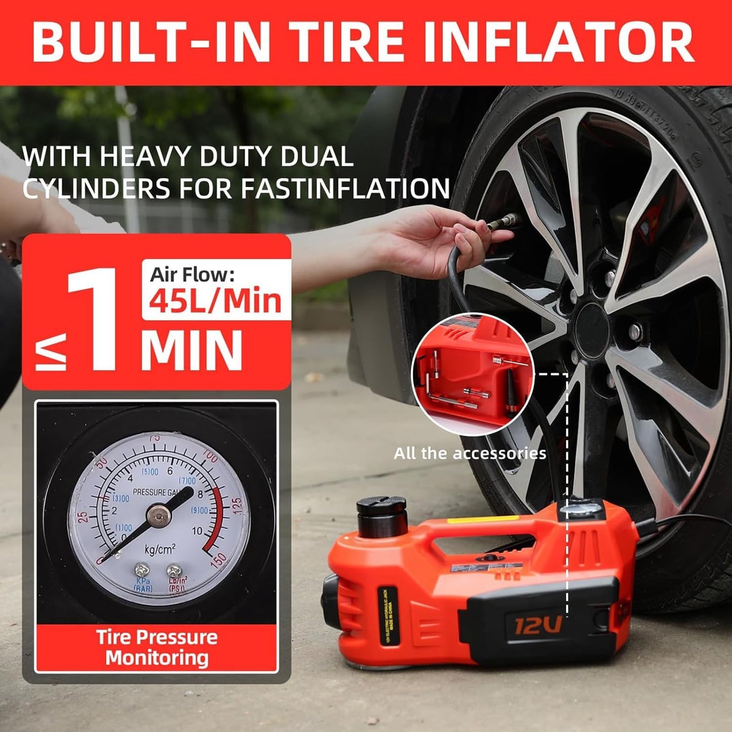 ROGTZ Electric Hydraulic Car Jack Kit 5 Ton 12V Portable Lift Range 17.7 Inch with Impact Wrench and Tire Inflator Pump for SUV Sedan Truck Car Repair Floor Jack for Vehicle Tire Change with LED Light