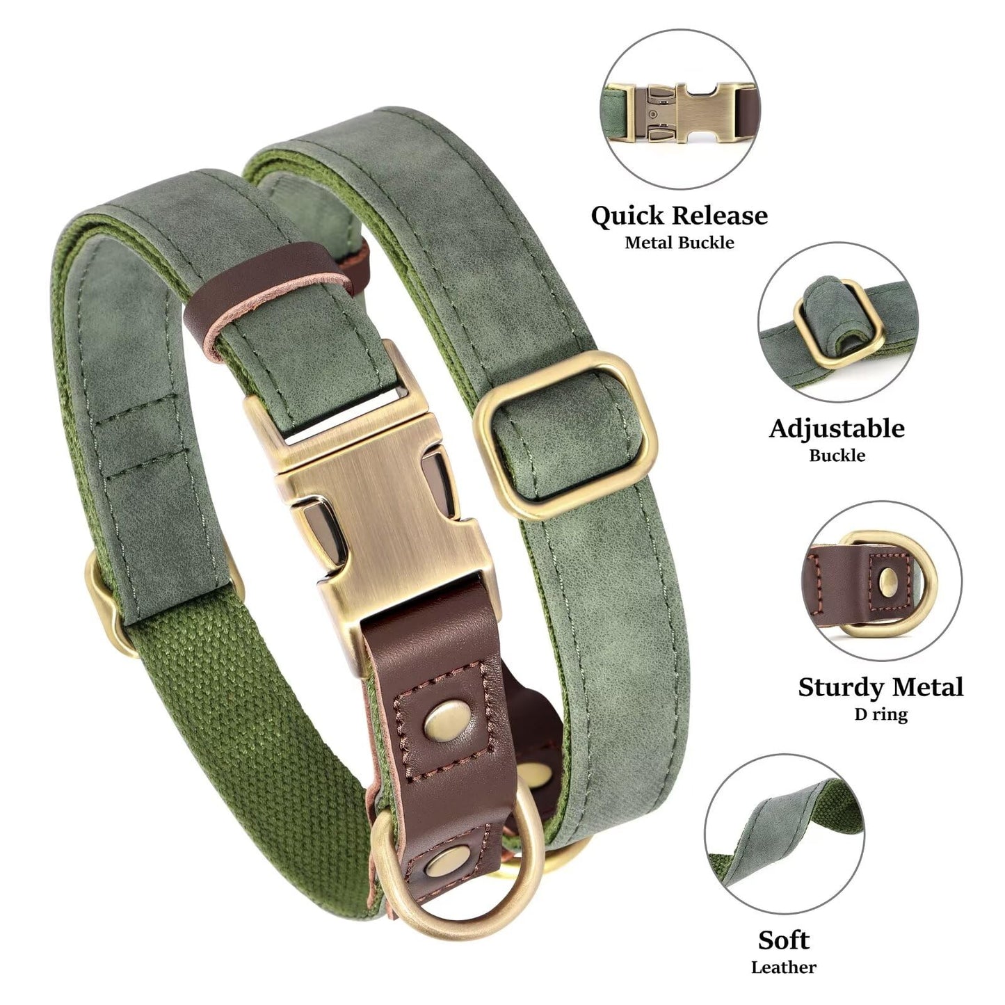 Didog Soft PU Leather Dog Collars for Small Dogs,Classic Adjustable Dog Collars with Quick Release Metal Buckle,Easy Clean and Comfortable with Nylon Lining,Green,S Neck 10-15"