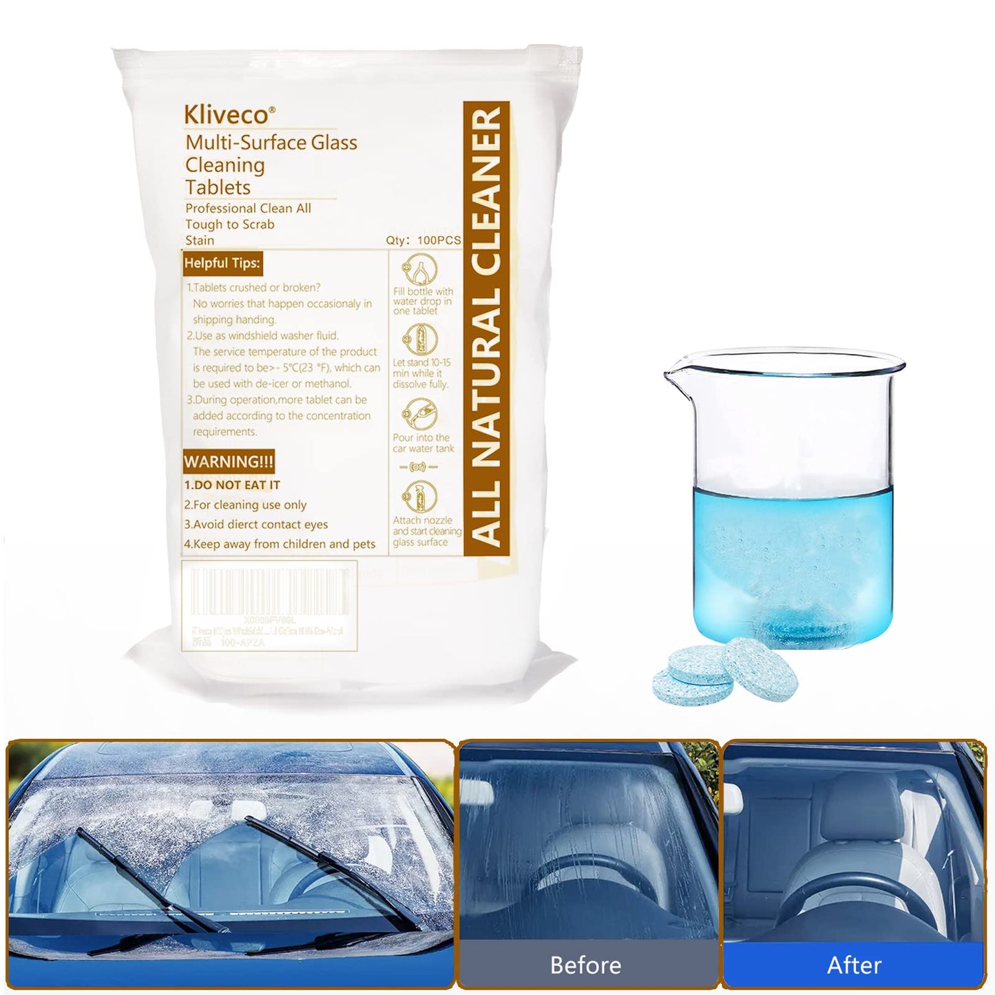 Kliveco 100PCS Car Windshield Washer Fluid Tablets,Windshield Wiper Fluid,1 Pack Makes 105 Gallons,1 Piece Makes 1.05 Gallons(Winter: Use With De-icer or Methanol)