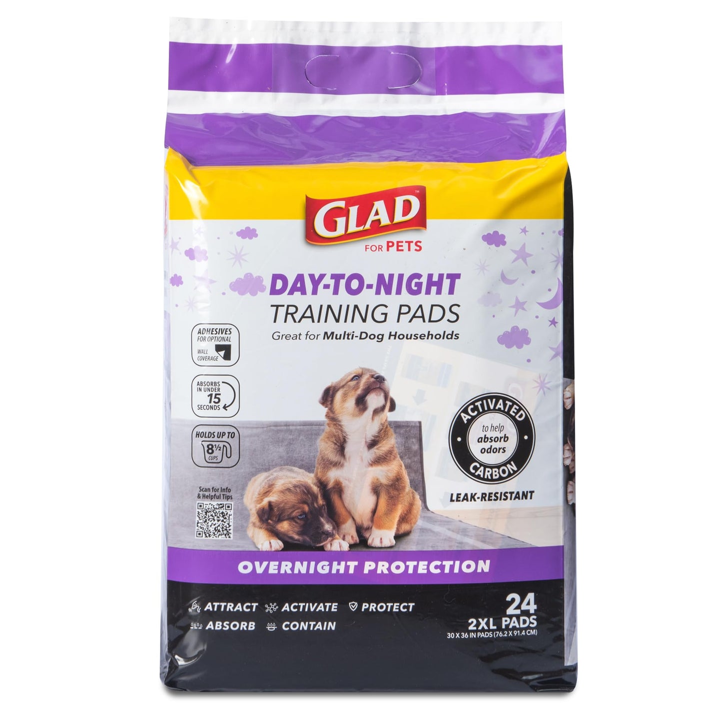 Glad for Pets Day to Night Activated Carbon Puppy Training Pads for Dogs with Wall Protection and Adhesive - Super Absorbent and Leak Proof Disposable Dog Training Pads, 30" x 36", 24 Count