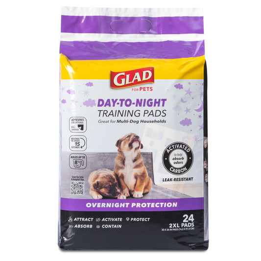 Glad for Pets Day to Night Activated Carbon Puppy Training Pads for Dogs with Wall Protection and Adhesive - Super Absorbent and Leak Proof Disposable Dog Training Pads, 30" x 36", 24 Count