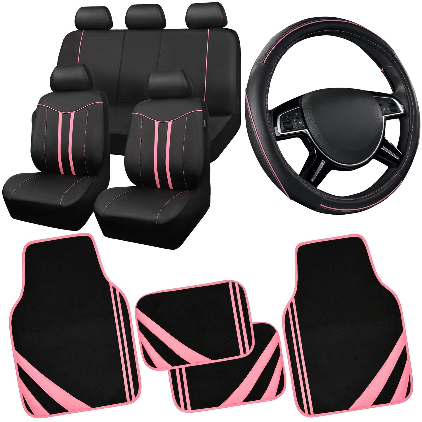 CAR PASS Car Seat Covers Full Set for Women Girls with Waterproof Car Floor Mats,Anti-Slip Leather Steering Wheel Cover,Universal Fit for SUVs,Vans,Trucks,Sedans,Cars (Combo Set,Black & Pink)