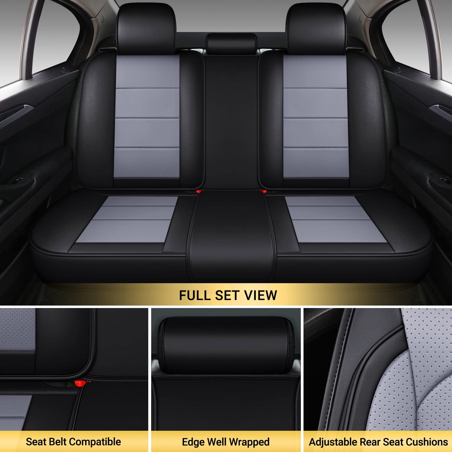 AOOG Leather Car Seat Covers with Car Backseat Organizer, Universal Automotive Vehicle Seat Cover for Most Sedan SUV Pick-up Truck, Full Set, Black&Grey