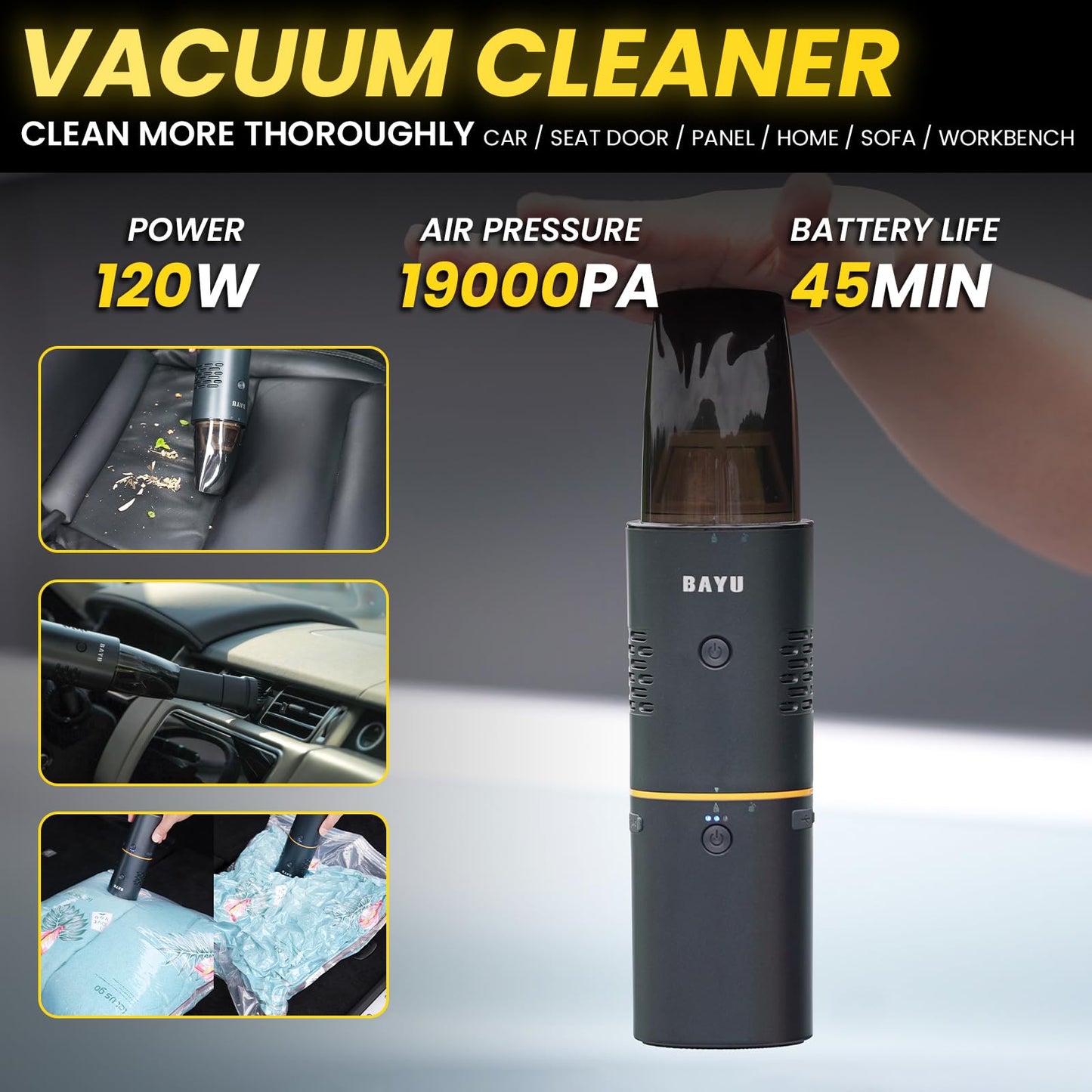 BAYU 6-in-1 Cordless Power Washer Gun Kit with Foam Bottle, Include Vacuum Cleaner 19000KPA, Car Tire Inflator, Power Bank 19200mAh, Flashlight with Lightshade, Cellphone stend (6Pcs)