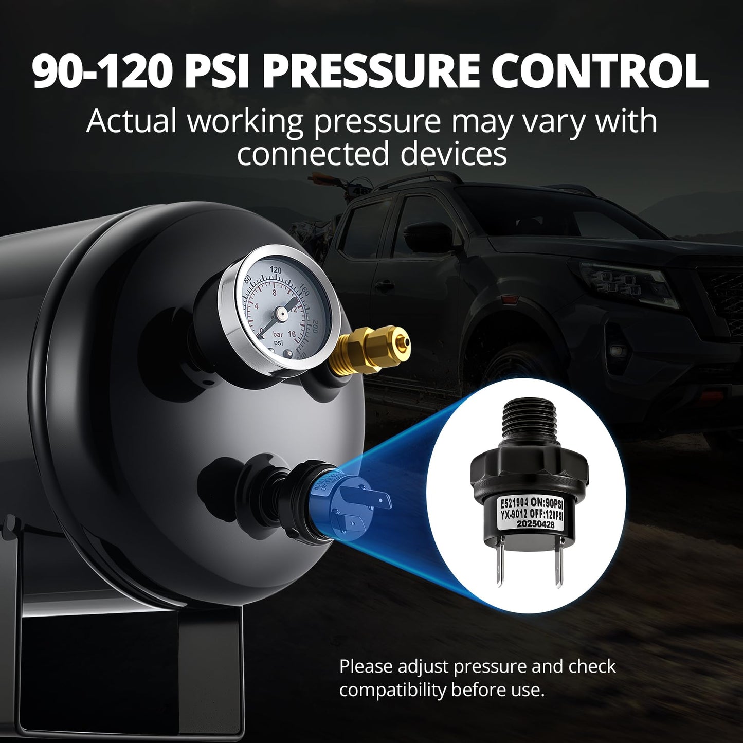 EVIL ENERGY 1.5 Gallon Air Compressor and Tank Kit 6 Ports 1/4" NPT 150 PSI Rated 12V Air Tank Compressor for Truck, Air Horn, Inflating Tires, Suspension Systems, Train Horn, DIY Pneumatic Tools