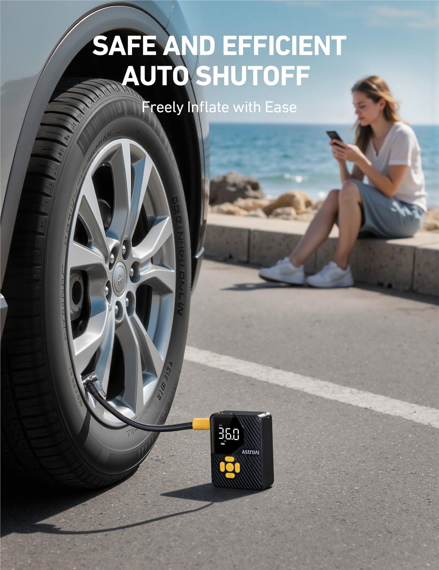 AstroAI L7 Mini Tire Inflator Portable Air Compressor,150 PSI Cordless Car Tires Air Pump with LED Lights&Pressure Gauge,Auto Shut-Off - Tire Pump for Auto,Motorcycle, Bicycle, Ball Yellow