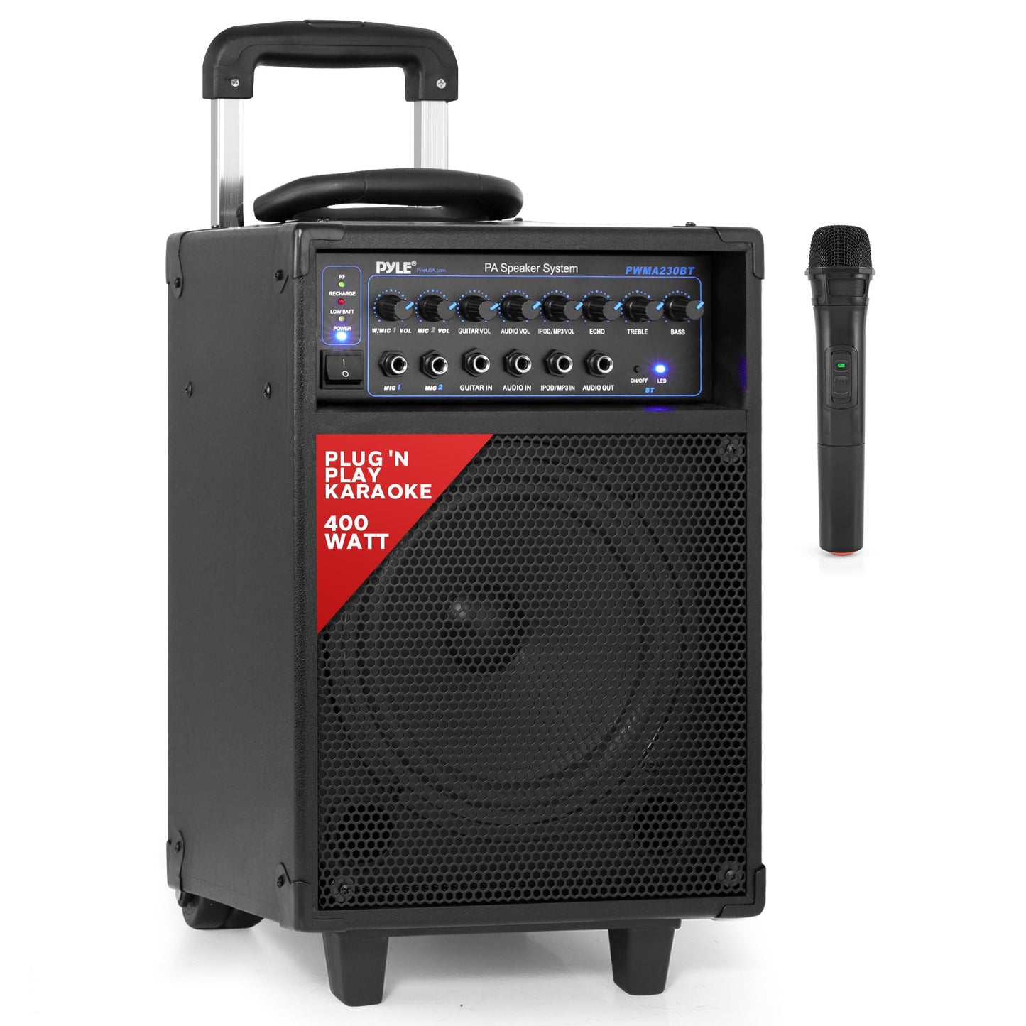 Pyle Wireless Portable PA System-400W Bluetooth Compatible Rechargeable Battery Powered Outdoor Sound Stereo Speaker Microphone Set w/Handle, Wheels-1/4 to AUX, RCA Cable (PWMA230BT)