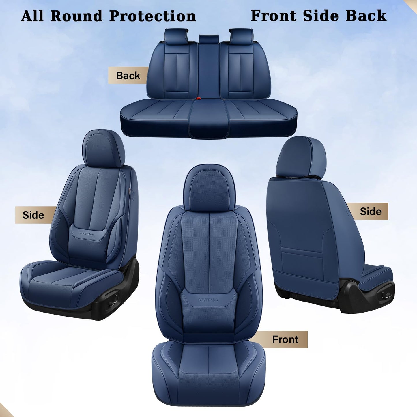 Coverado Car Seat Covers Full Set, Seat Covers for Cars, Car Seat Covers Front Seats and Back Car Seat Protector Waterproof, Leather Car Seat Cushion Universal Fit for Most Cars Blue