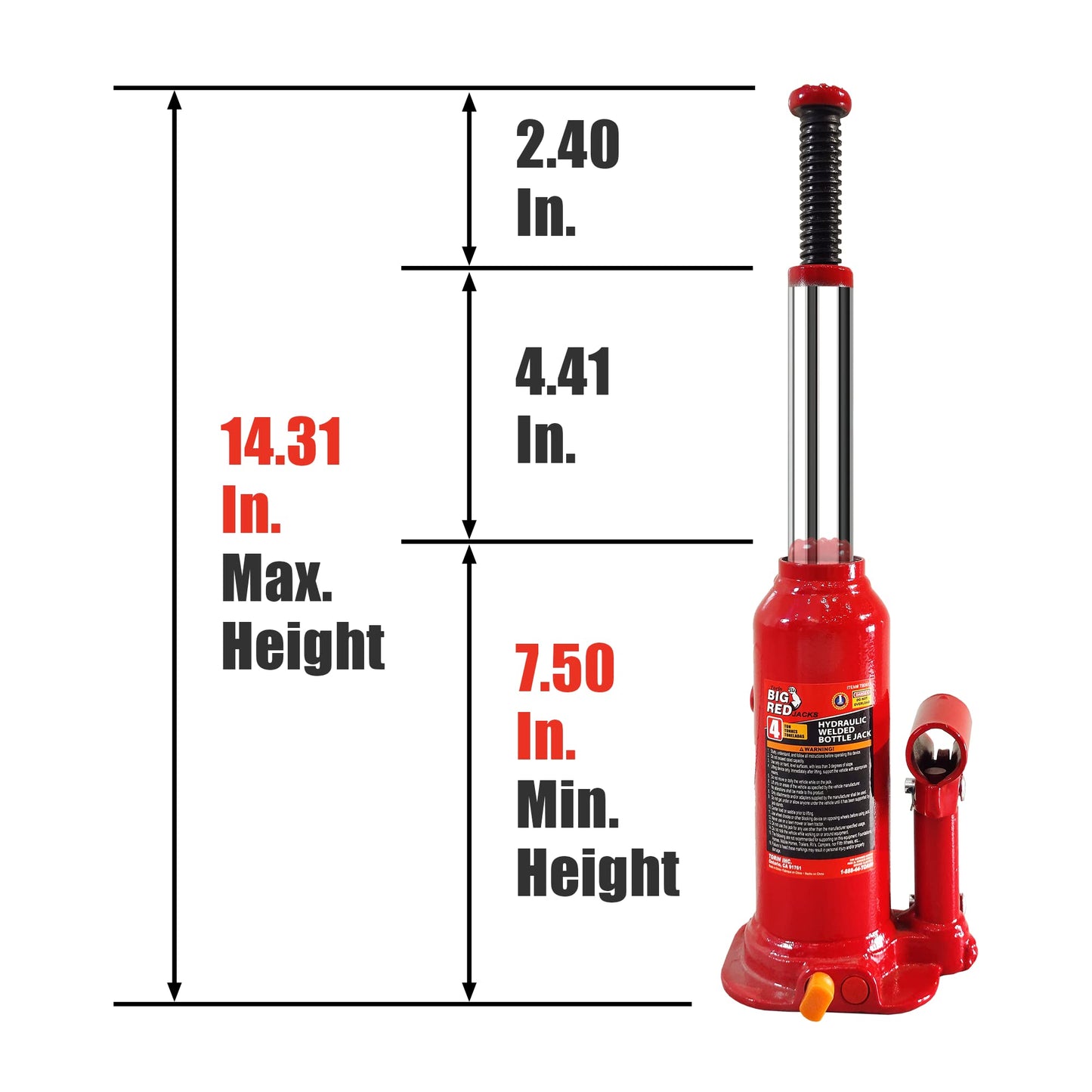 BIG RED T90403B Torin Hydraulic Welded Bottle Jack, 4 Ton (8,000 lb) Capacity, Red