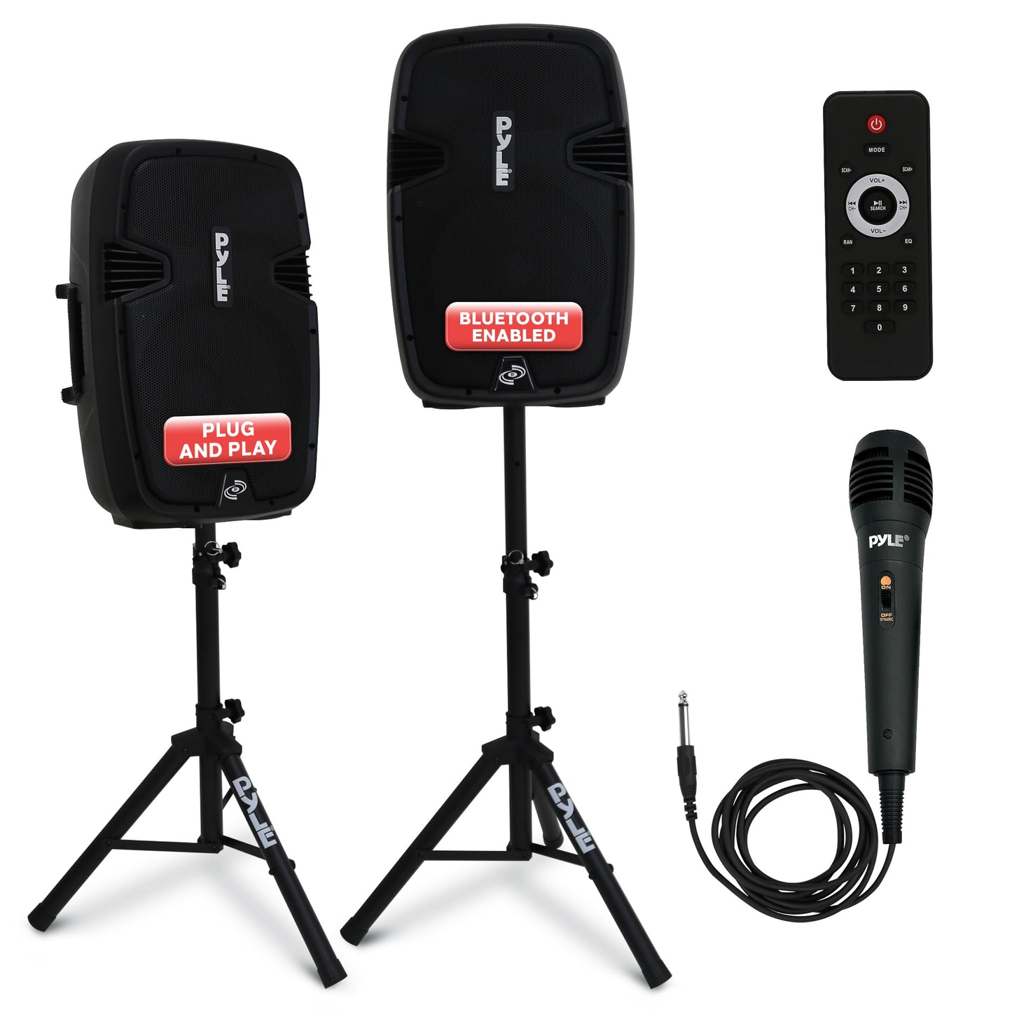 Pyle Wireless Portable PA System Kit - 1800W Peak, Bluetooth Compatible, Active + Passive Pair For Indoor / Outdoor Sound, Multiple Inputs-USB SD AUX XLR RCA, Comes With 2 Stands, Wired Mic, Remote