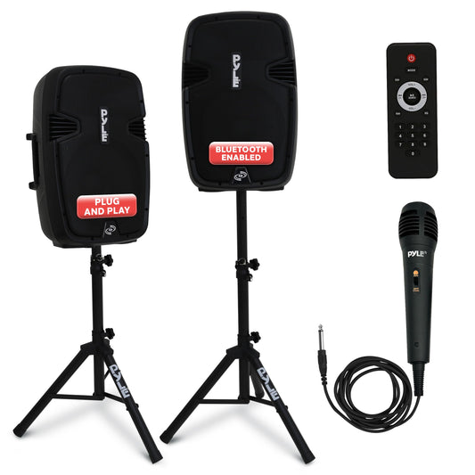 Pyle Wireless Portable PA System Kit - 1800W Peak, Bluetooth Compatible, Active + Passive Pair For Indoor / Outdoor Sound, Multiple Inputs-USB SD AUX XLR RCA, Comes With 2 Stands, Wired Mic, Remote