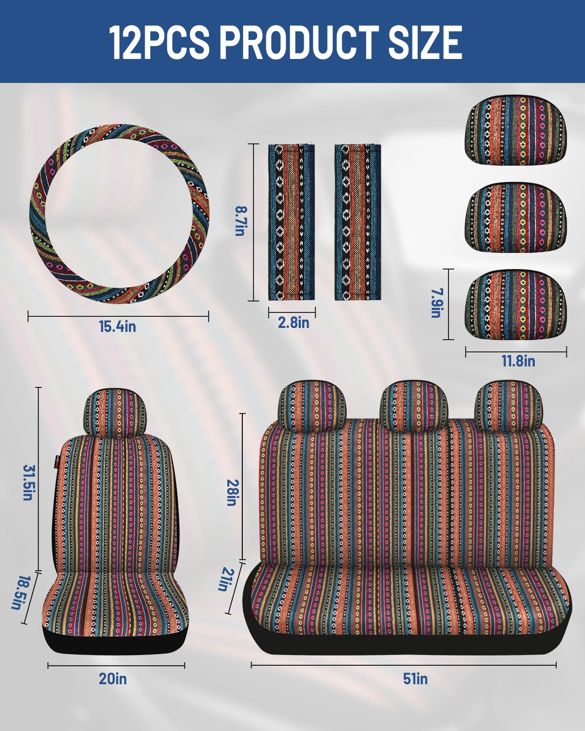 Sino Salected Baja Saddle Blanket Car Seat Covers Full Set with Seat Belt Pads and Steering Wheel Cover, Washable Breathable Striped Woven Cloth Seat Covers for Cars, SUV, Truck, (Orange)