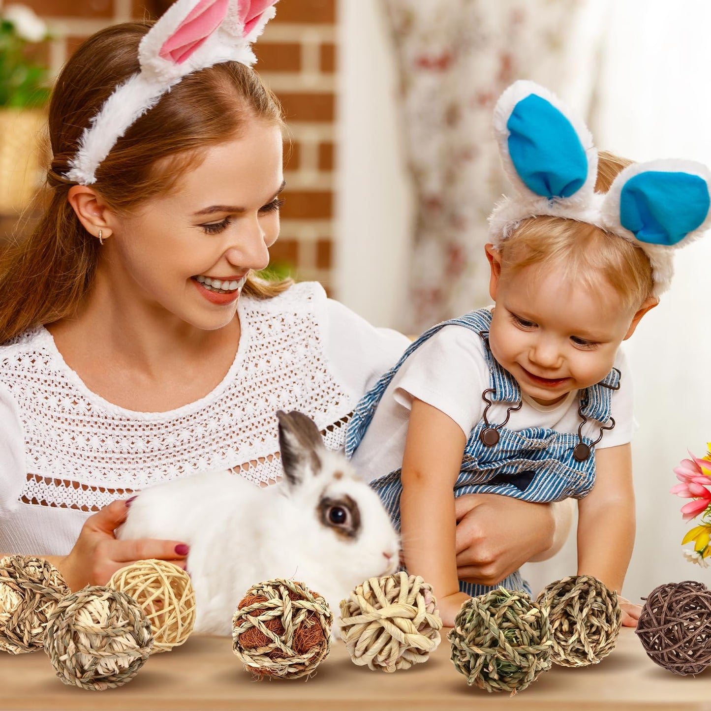 VESPRO Bunny Chew Grass Balls, (8 Pcs) Rolling Chew Toys for Small Animals, Natural Chew Grass Toys and Bunny Treats for Rabbits, Guinea Pigs, Chinchillas, Hamsters, Mice Teeth Grinding