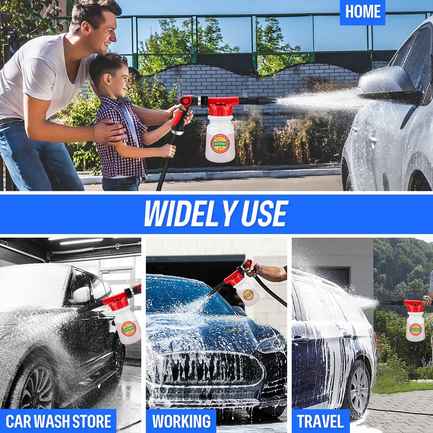 Car Wash Foam Gun/Hose Sprayer, 16 IN 1 Cannon, Adjustable with 2.5-6 Ratio Dial Foam Blaster, 1L Bottle, Nozzles, Mitten, 1/2” Quick Connector for Garden Hose, for Car/Garden Cleaning