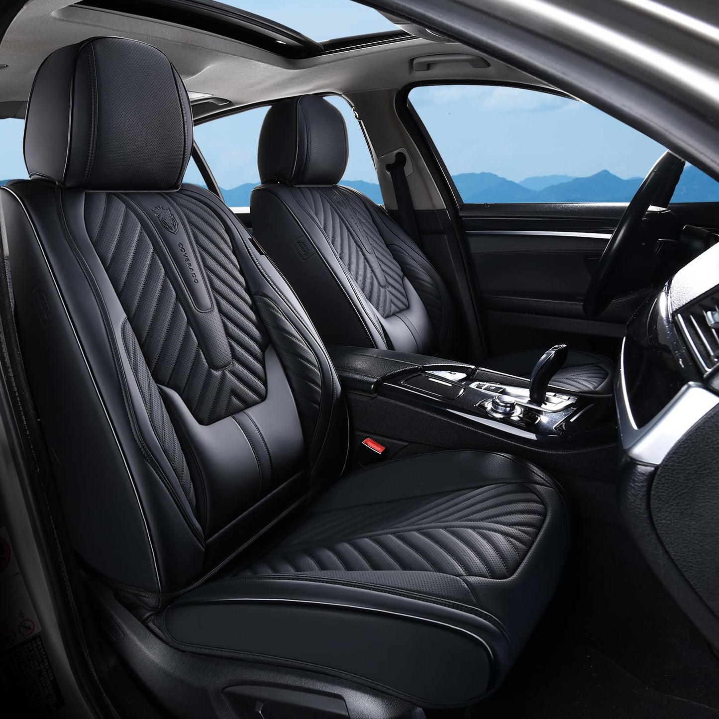 Coverado Seat Covers Full Set, Luxury Leather Car Seat Covers for Car with Lumbar Support, Automotive Seat Covers Waterproof Car Seat Protector Universal Fit for Most Cars SUV Truck(Black)