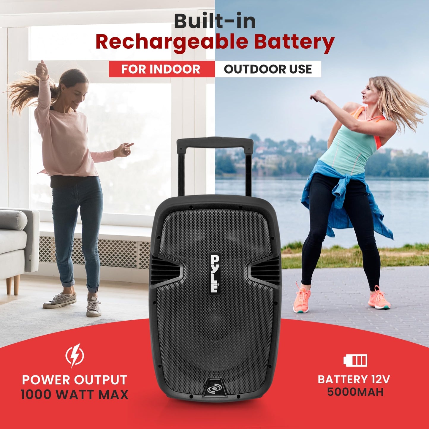 Pyle PPHP1299WU.5 Karaoke Portable PA Speaker System - 1000W Active Powered Wireless Bluetooth Compatible, Outdoor Speaker, Wheels, USB MP3 RCA, 2 UHF Microphone, Remote, Black