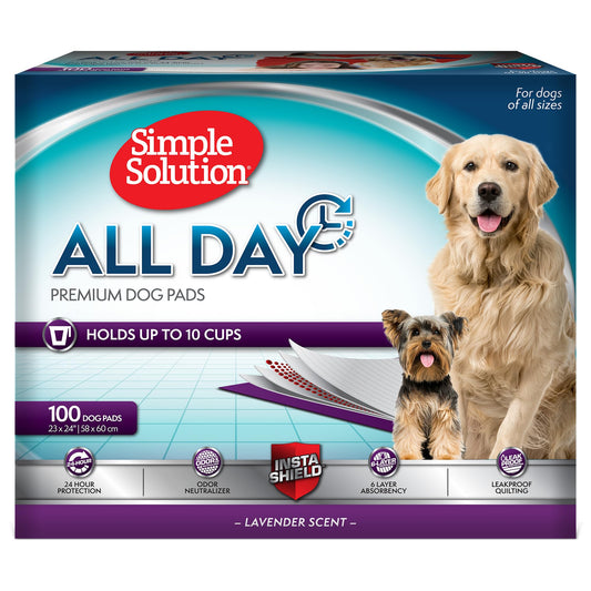 Simple Solution All Day Puppy Training Pads – Lavender Scented Leak-Proof Pee Pads for Dogs – Disposable and Absorbent for Housebreaking and Indoor Use – 23 x 24 Inches – 100 Count