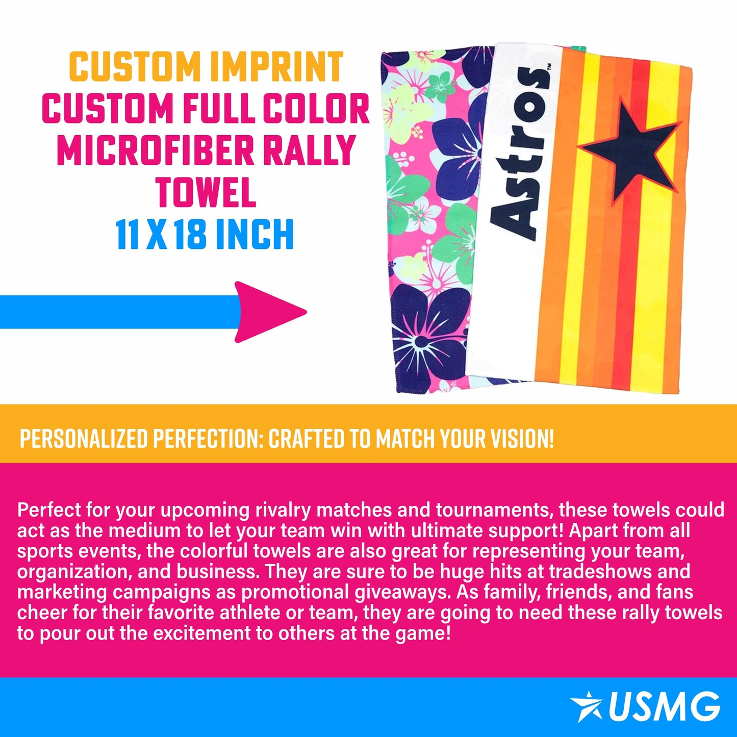 USMG Custom Full Color Microfiber Rally Towel 11x18 – Personalized Sports Spirit Towel for Events, Teams & Promotions (White, Qty 500)