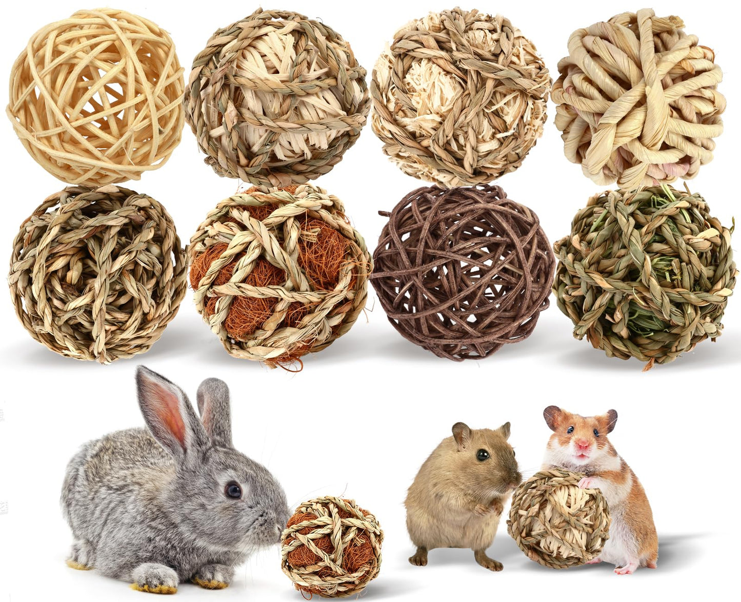 VESPRO Bunny Chew Grass Balls, (8 Pcs) Rolling Chew Toys for Small Animals, Natural Chew Grass Toys and Bunny Treats for Rabbits, Guinea Pigs, Chinchillas, Hamsters, Mice Teeth Grinding