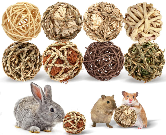VESPRO Bunny Chew Grass Balls, (8 Pcs) Rolling Chew Toys for Small Animals, Natural Chew Grass Toys and Bunny Treats for Rabbits, Guinea Pigs, Chinchillas, Hamsters, Mice Teeth Grinding
